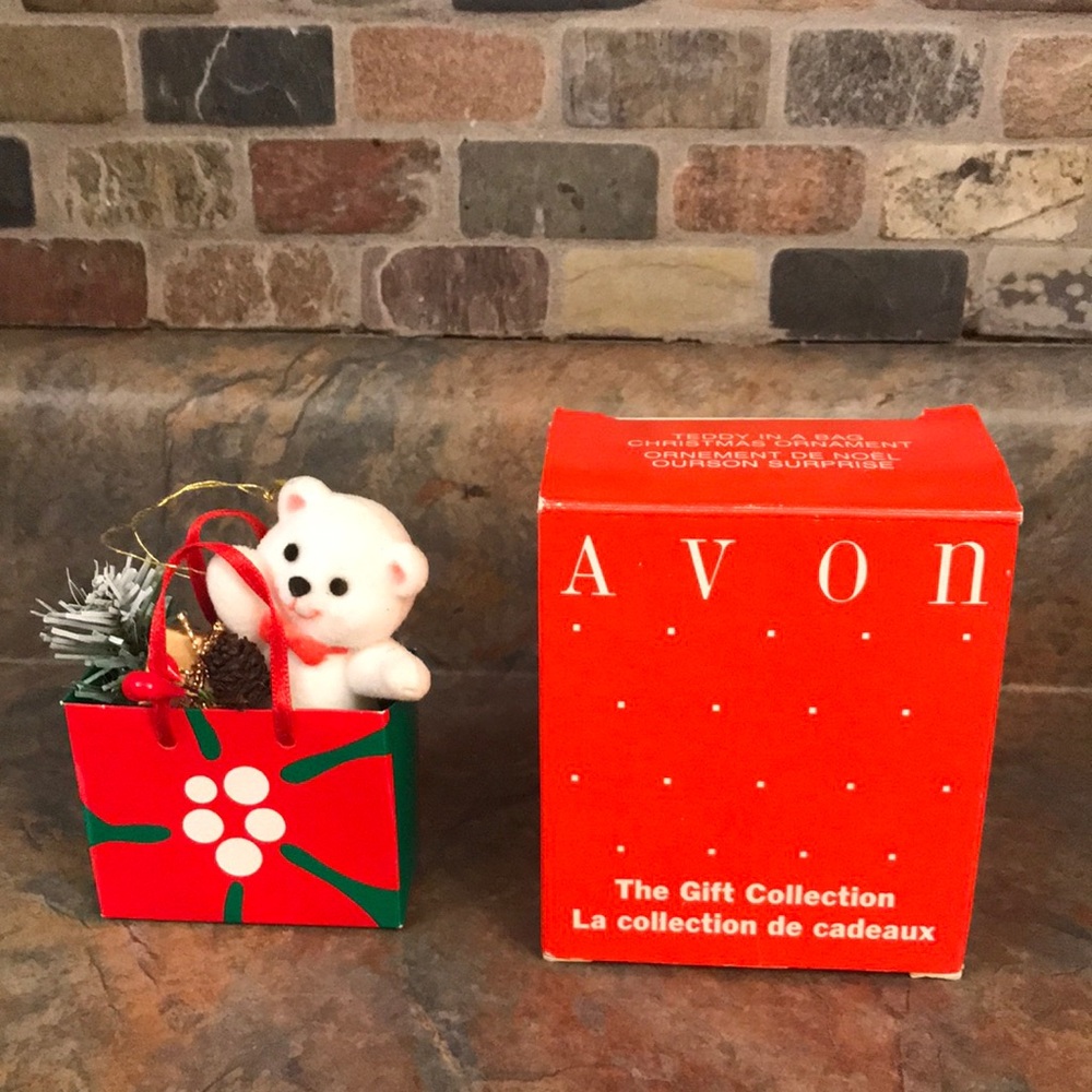 Vintage Avon Holiday Red Gift Bag Ornament with White Bear